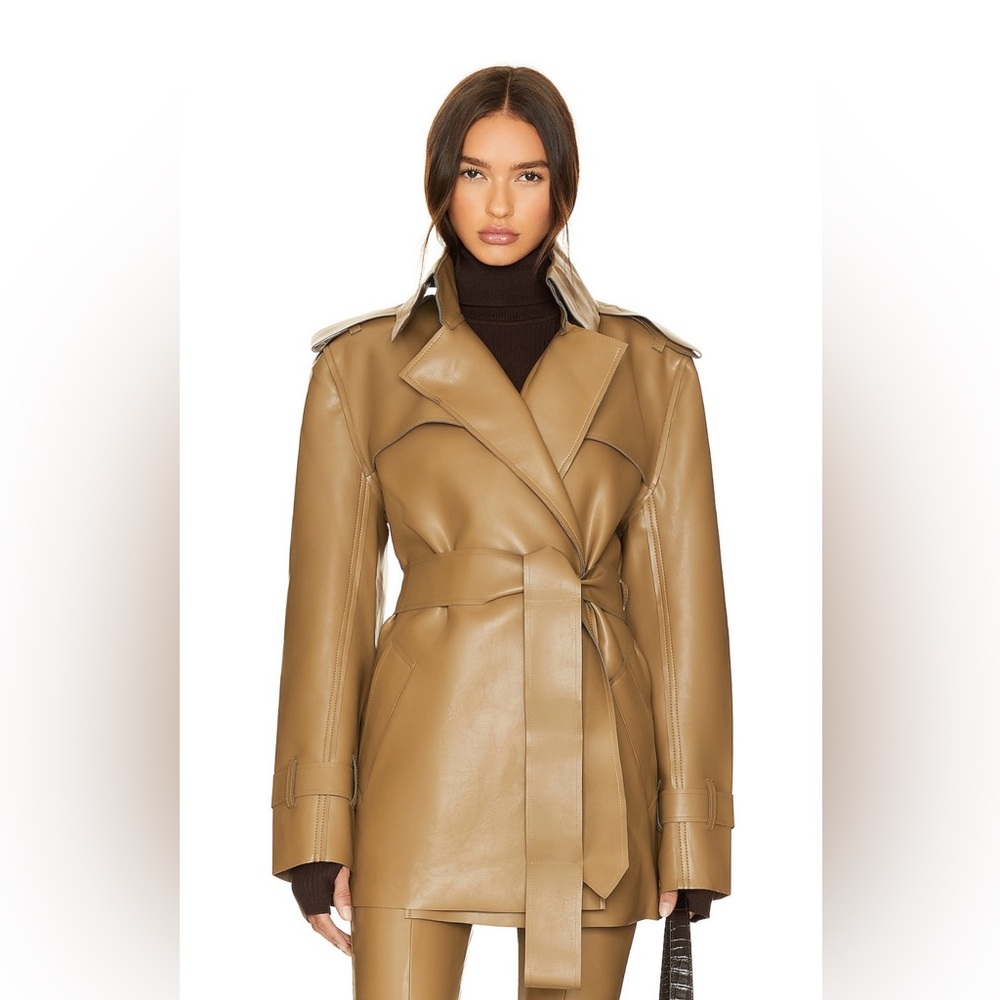Norma Kamali Double Breasted Faux Leather Trench Coat